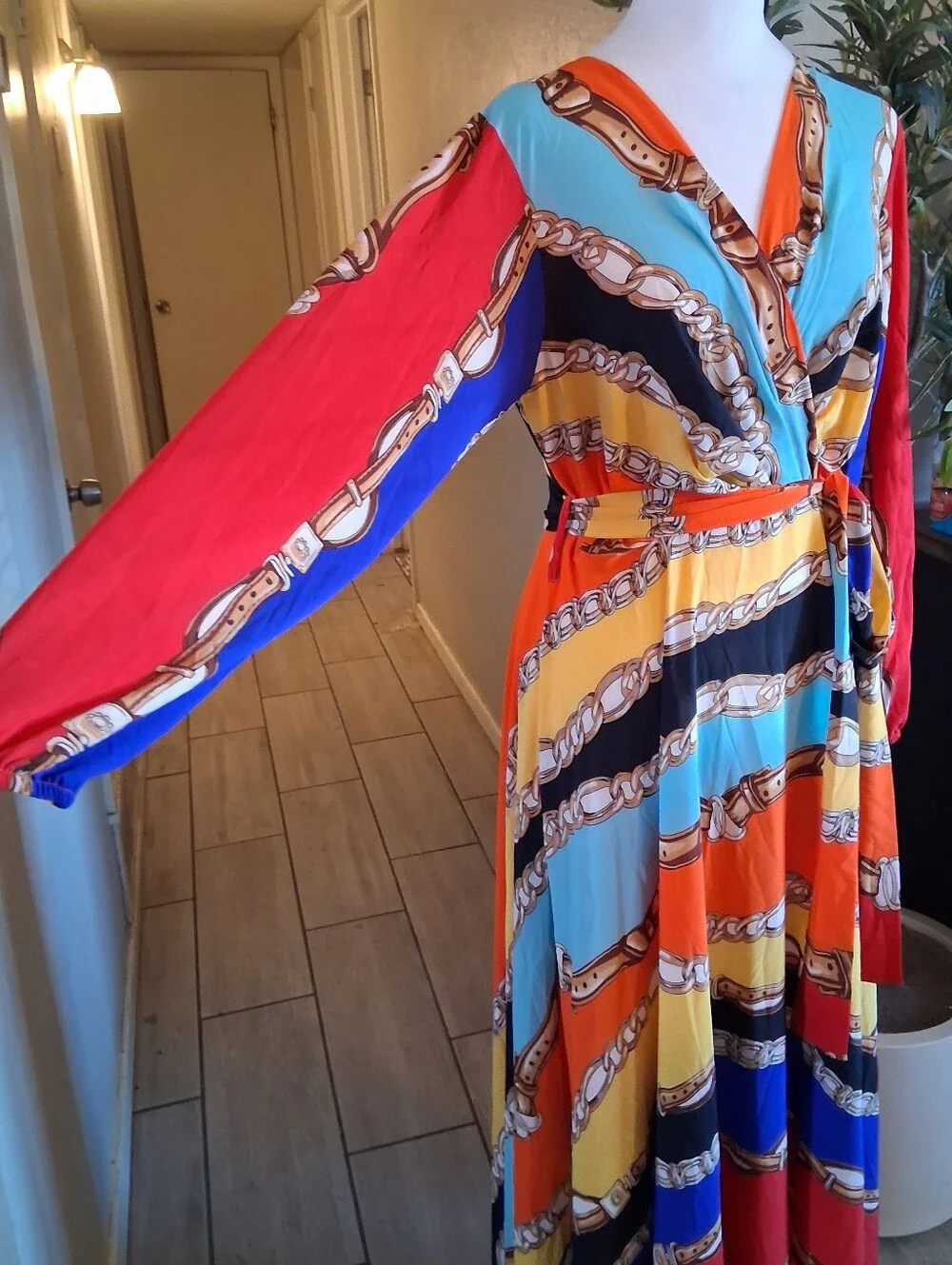 Dareen Hand‎ Made Chain Print Maxi Dress SzL Multicolor Wrap Vacation Beach